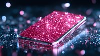 Pink glittery smartphone on dark background with scattered sparkles and bokeh lights creating magical atmosphere for luxury technology concept.