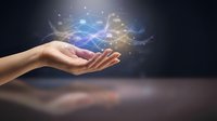 Human hands presenting holographic digital network with glowing connections and data streams for technology presentations and futuristic concepts.