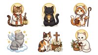 Cute cats wearing religious clothing and halos, isolated on white background. Cartoon style illustrations suitable for religious merchandise, greeting cards, children's books, and spiritual-themed designs.