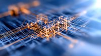Abstract technology background with glowing orange circuit paths and cubic structures on blue surface, depth of field effect creates futuristic network visualization.