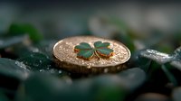 Small green clover charm on golden coin against dark background with bokeh effect, symbolic lucky talisman composition for financial fortune and wealth.