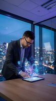 Caucasian male professional in business attire using tablet with holographic security icons and padlock symbols in modern office overlooking city skyline at night for cybersecurity and data protection concepts.