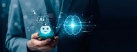 Businessman holding smartphone with AI chatbot interface and glowing brain hologram representing artificial intelligence technology and digital communication.