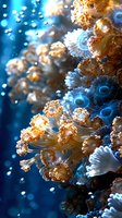 Luminescent coral polyps in deep blue ocean waters with golden and white tentacles reaching out, surrounded by ethereal bokeh light effects and floating particles.