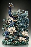 Ornate peacock figurine in blue and turquoise tones with white magnolia flowers, pearls, and crystal accents on marble base, showcasing luxurious decorative artistry.
