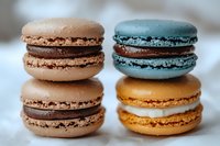 Colorful French macarons with chocolate, caramel and blue vanilla cream filling arranged in stacks on white background, sweet pastry close up view for bakery menu.