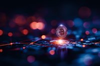 Glowing cryptocurrency coin on reflective surface with colorful bokeh lights creating magical atmosphere. Digital finance concept with dramatic lighting.