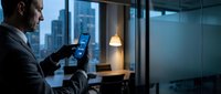Professional businessman using smartphone in modern office with city skyline view during evening hours for business communication and productivity.