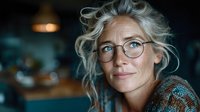 Mature Caucasian woman with silver gray hair and glasses smiling warmly in cozy indoor setting with soft lighting and blurred background.
