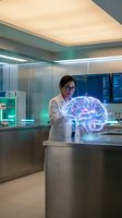 Female scientist examining holographic brain model in modern laboratory for medical research and neuroscience studies.