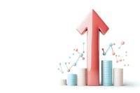 Growing red arrow with stacked coins and molecular structures representing financial growth and scientific investment progress on white background.