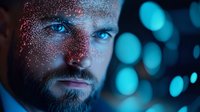 Futuristic digital transformation concept with bearded Caucasian businessman face dissolving into glowing particles against blue bokeh technology background.