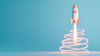 Minimalist rocket launch with glowing spiral light trail against turquoise background, symbolizing business growth and startup success. Isolated design element.