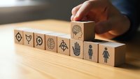 Hand arranging wooden blocks with healthcare and medical icons on desk for wellness concept and patient care planning.