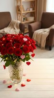 Red roses bouquet in crystal vase with heart decorations and fairy lights on wooden table in cozy living room for Valentine's Day romantic celebration.