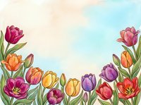 Watercolor tulip border with colorful spring flowers on soft blue sky background, copy space for greeting cards and seasonal designs.