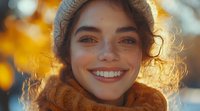 Young Mediterranean woman with curly hair smiling warmly at sunset, wearing orange knit scarf. Natural beauty portrait with golden bokeh background and authentic joyful expression.