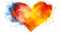 Vibrant watercolor heart shape with orange, red and blue paint splashes and splatters on white background, artistic love symbol for romantic designs.