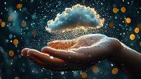 Magical glowing cloud floating above open palm at night with sparkles and bokeh lights creating dreamy atmospheric scene. Fantasy concept for spiritual healing.