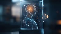 Glowing holographic human silhouette in glass cylinder shows neural activity with orange brain connections against dark background, futuristic science concept.
