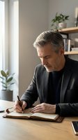 Mature man with gray hair and facial hair, Caucasian ethnicity, wearing dark blazer over black sweater, writing in notebook at wooden desk in bright modern office with plants and shelves, suitable for business, professional development, and corporate lifestyle content.
