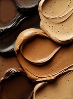 Creamy foundation smears in various shades of brown and beige with textured swatches showing makeup consistency for cosmetic advertising.