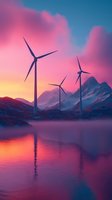 Wind turbines stand silhouetted against a vibrant sunset sky with pink and purple clouds, reflected in calm water below mountains, representing renewable energy and sustainable power generation.