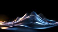 Glowing waves of light with blue and golden colors flow across dark background creating abstract dynamic motion effect with sparkles and luminous streams.