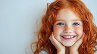 Young girl with natural red curly hair, bright blue eyes and freckles smiling warmly while holding face in hands against light background. Genuine happiness expression.