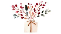 Watercolor floral arrangement with red berries and green leaves tied with brown ribbon on cream background, botanical art style composition.