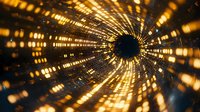 Glowing golden light tunnel with radial blur effect and digital particles creating dynamic perspective movement into dark center. Abstract technology background.
