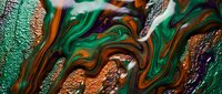 Abstract fluid art with swirling green, orange and copper metallic paint creating dynamic marble texture for modern design backgrounds and creative projects.