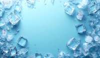 Refreshing ice cubes frame on blue background with water droplets and melting frost, creating cool border with copy space for beverages or summer concepts.