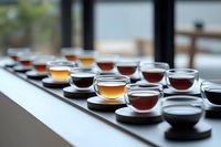 Traditional tea tasting ceremony with multiple glass cups filled with different varieties of tea arranged in row on wooden table, selective focus.