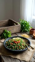 Fresh tabbouleh salad with parsley, tomatoes and bulgur wheat served in rustic bowl with herbs and wooden crate on natural linen table setting.