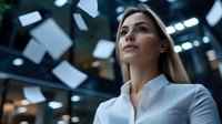 Young professional woman in white business attire looking up confidently against modern office background with floating papers, representing success and aspirational career goals.
