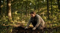 Middle-aged Caucasian male wearing casual outdoor clothing and glasses, planting or tending to seedlings in forest soil surrounded by trees and natural woodland environment.