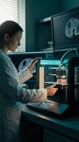 Female scientist operating bioprinter in modern laboratory with medical imaging display. Advanced biotechnology research and tissue engineering applications.