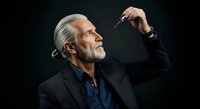 Senior man with gray hair and beard, wearing dark blazer and blue shirt, holding small keys overhead against black background, isolated for design use.