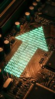 Circuit board with glowing green binary code arrow pointing upward symbolizing digital growth, data processing, and technological advancement in computing systems.