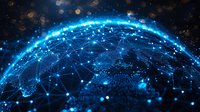 Glowing blue network connections on dark globe surface with light effects and particle dots showing worldwide digital communications technology.