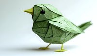 Green origami bird with delicate paper folds and geometric patterns stands on yellow legs against light background, showcasing intricate Japanese paper art technique.