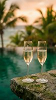 Two champagne flutes filled with sparkling wine on stone ledge by tropical pool at sunset creating romantic luxury vacation atmosphere.
