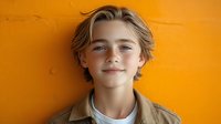 Portrait of young Caucasian boy with blonde hair and blue eyes smiling against vibrant orange wall background. Casual style for youth lifestyle content.