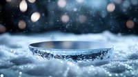 Frozen metal bowl sitting in fresh snow with magical bokeh lights creating dreamy winter atmosphere for seasonal cooking and holiday preparations.