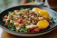 Fresh Mediterranean quinoa salad with cherry tomatoes, feta cheese, herbs and lemon in rustic black bowl. Healthy vegetarian meal for breakfast or lunch.