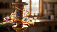 Colorful embroidery threads wound on wooden spool in craft workshop. Multicolored cotton floss for needlework, sewing and handicraft projects in artisan studio.