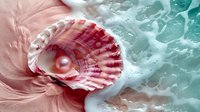 Pink scallop shell with pearl on coral sand background and turquoise ocean water with foam, macro photography showing detailed texture and natural light.