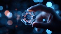 Glowing octagonal crystal held between fingers against dark background with blue bokeh lights creates magical atmosphere for mystical designs.