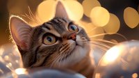 Curious tabby cat with bright blue eyes looking up against warm bokeh lights background, creating magical holiday atmosphere and capturing feline wonder.